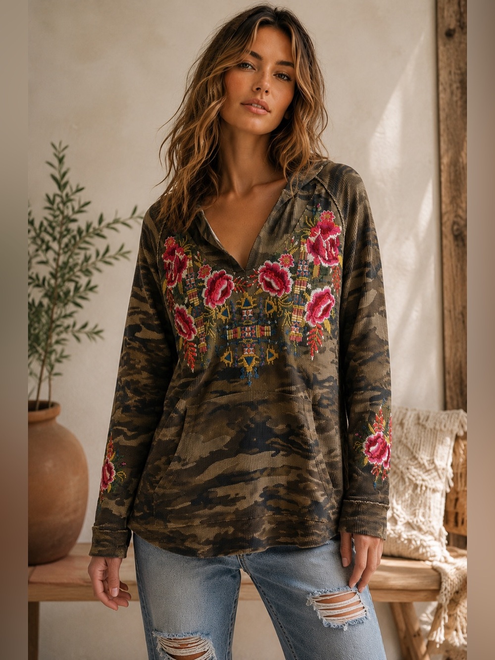 Johnny Was Camo Floral Embroidered Thermal Hoodie Tunic Small Cotton Boho